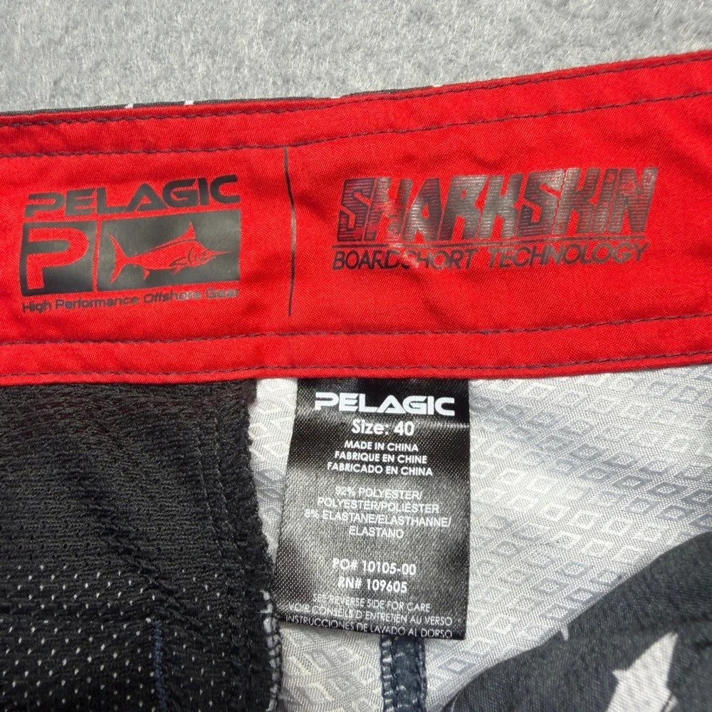 Pelagic Sharkskin Board Shorts Mens 40x12 Red Grey American Flag Fish Fishing